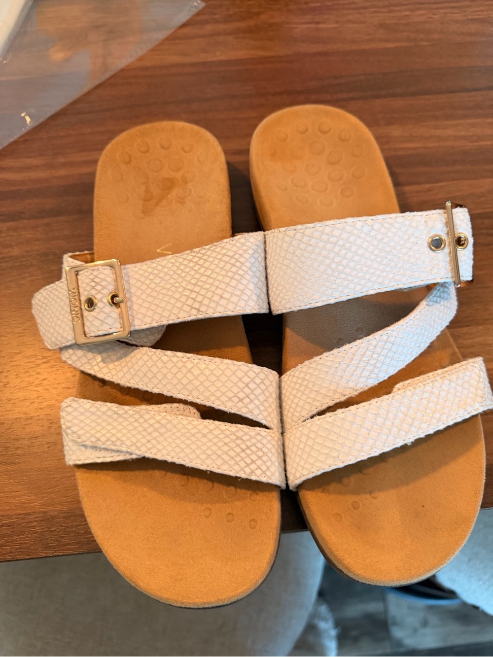 Vionic Ivory Textured Multi-Strap Slide Sandals with Buckle